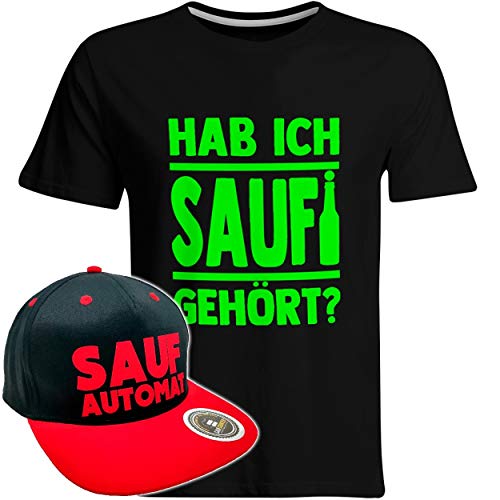 Hab ich Saufi gehört T-Shirt inkl. Original SAUFAUTOMAT Snapback in exklusiver Aufbewahrungsbox (T-Shirt Schwarz/Pink/Snapback Schwarz/Rot), Größe: M von SAUFCOUNTER MARK YOUR DRINKS