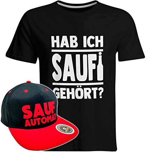 Hab ich Saufi gehört T-Shirt inkl. Original SAUFAUTOMAT Snapback in exklusiver Aufbewahrungsbox (T-Shirt Schwarz/Weiß/Snapback Schwarz/Rot), Größe: L von SAUFCOUNTER MARK YOUR DRINKS