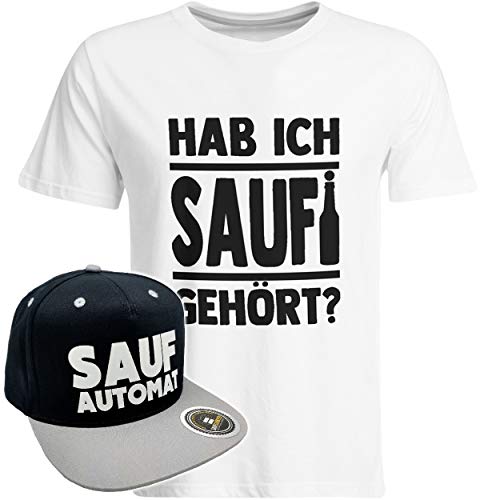 Hab ich Saufi gehört T-Shirt inkl. Original SAUFAUTOMAT Snapback in exklusiver Aufbewahrungsbox (T-Shirt Weiß/Schwarz/Snapback Schwarz/Grau), Größe: M von SAUFCOUNTER MARK YOUR DRINKS