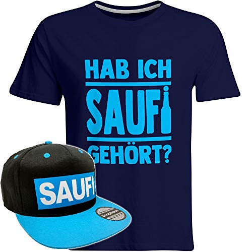 Hab ich Saufi gehört T-Shirt inkl. Original SAUFI Snapback in edler Aufbewahrungsbox (T-Shirt Navy/Blau/Snapback Schwarz/Blau), Größe: L von SAUFCOUNTER MARK YOUR DRINKS