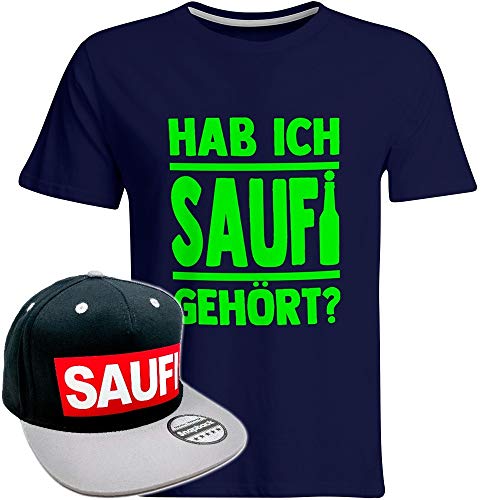 Hab ich Saufi gehört T-Shirt inkl. Original SAUFI Snapback in edler Aufbewahrungsbox (T-Shirt Navy/Neongrün/Snapback Schwarz/Grau/Rot), Größe: M von SAUFCOUNTER MARK YOUR DRINKS