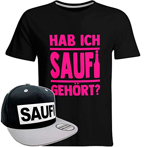 Hab ich Saufi gehört T-Shirt inkl. Original SAUFI Snapback in edler Aufbewahrungsbox (T-Shirt Schwarz/Pink/Snapback Schwarz/Weiß), Größe: XL von SAUFCOUNTER MARK YOUR DRINKS