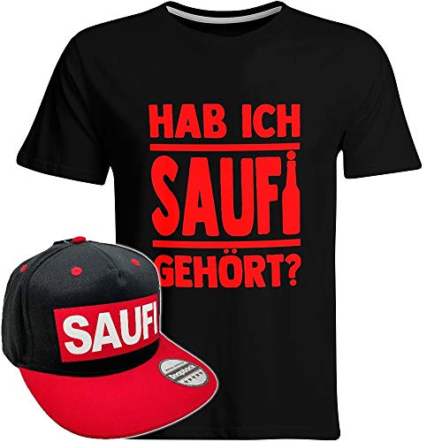Hab ich Saufi gehört T-Shirt inkl. Original SAUFI Snapback in edler Aufbewahrungsbox (T-Shirt Schwarz/Rot/Snapback Schwarz/Rot), Größe: 3XL von SAUFCOUNTER MARK YOUR DRINKS