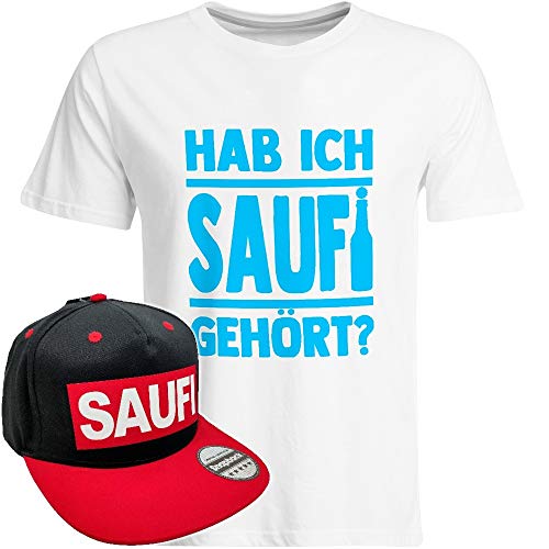 Hab ich Saufi gehört T-Shirt inkl. Original SAUFI Snapback in edler Aufbewahrungsbox (T-Shirt Weiß/Blau/Snapback Schwarz/Rot), Größe: L von SAUFCOUNTER MARK YOUR DRINKS