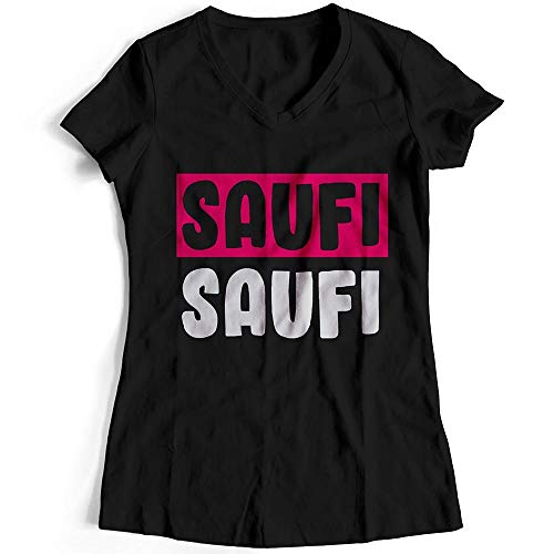 Saufi Saufi T-Shirt (Damen, V-Ausschnitt, Schwarz/Rosa/Weiß), Farbe: Schwarz/Pink/Weiß, Größe: M von SAUFCOUNTER MARK YOUR DRINKS