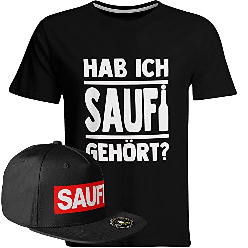 Saufi Saufi Tshirt Hab ich Saufi gehört Saufi T-Shirt Malle JGA Party (T-Shirt: Schwarz/SB: Schwarz/Schwarz), Farbe: Schwarz/Weiß, Größe: M von SAUFCOUNTER MARK YOUR DRINKS