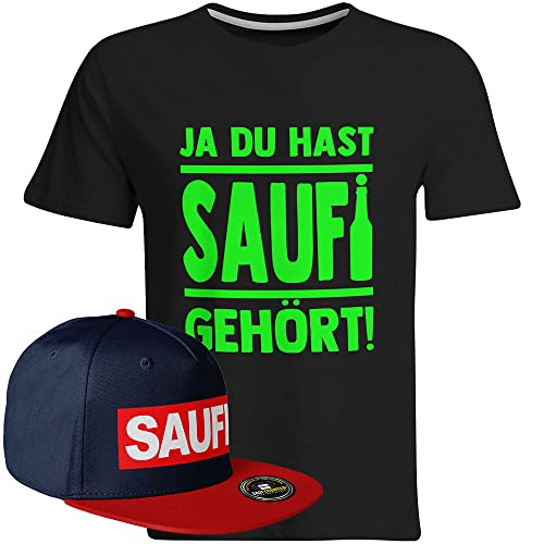 Saufi Saufi Tshirt Ja du hast Saufi gehört Saufi T-Shirt Malle Party (T-Shirt: Schwarz/SB: Navy/Rot), Farbe: Schwarz/Grün, Größe: L von SAUFCOUNTER MARK YOUR DRINKS