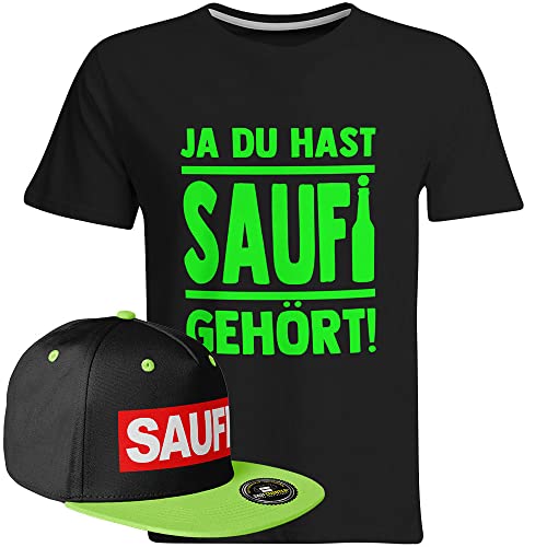 Saufi Saufi Tshirt Ja du hast Saufi gehört Saufi T-Shirt Malle Party (T-Shirt: Schwarz/SB: Schwarz/Grün), Farbe: Schwarz/Grün, Größe: 4XL von SAUFCOUNTER MARK YOUR DRINKS