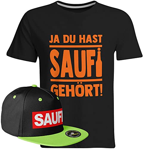 Saufi Saufi Tshirt Ja du hast Saufi gehört Saufi T-Shirt Malle Party (T-Shirt: Schwarz/SB: Schwarz/Grün), Farbe: Schwarz/Orange, Größe: L von SAUFCOUNTER MARK YOUR DRINKS