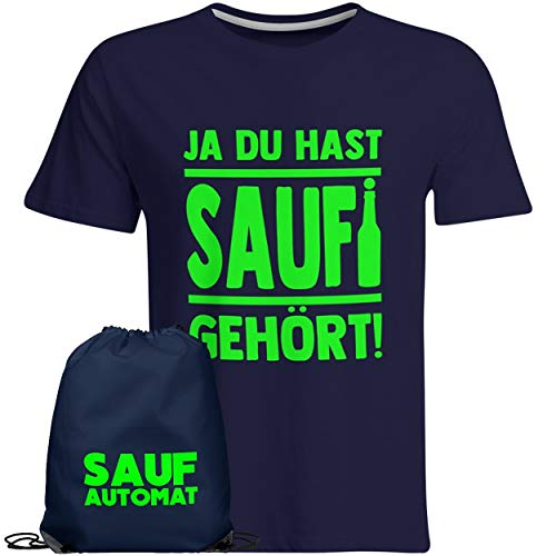 Saufi T-Shirt Ja du hast Saufi gehört inkl. SAUFAUTOMAT Turnbeutel (T-Shirt Navy/Neongrün), Größe: L von SAUFCOUNTER MARK YOUR DRINKS