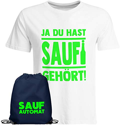 Saufi T-Shirt Ja du hast Saufi gehört inkl. SAUFAUTOMAT Turnbeutel (T-Shirt Weiß/Neongrün), Größe: S von SAUFCOUNTER MARK YOUR DRINKS