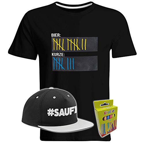 T-Shirt Bier Kurze Strichliste mit Tafelfläche inkl. 12er-Pack Kreide und Snapback in Wunschfarbe JGA Schnaps Saufi Mische Tafel Saufen Party, Farbe: T-Shirt Schwarz/Snapback Grau, Größe: Large von SAUFCOUNTER MARK YOUR DRINKS