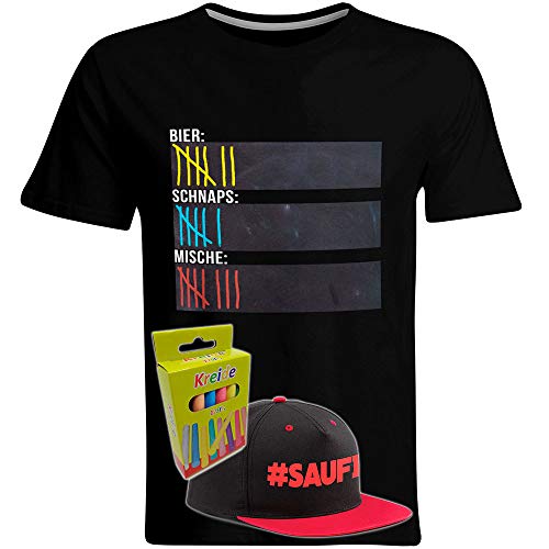 T-Shirt Bier Schnaps Mische Strichliste mit Tafelfläche inkl. Kreide und Saufi Snapback (Schwarz/Rot) Tafel Kurze Zähler Alkohol Mallorca Saufen Party (Schwarz, Rundhals, Herren), Größe: 3XL von SAUFCOUNTER MARK YOUR DRINKS