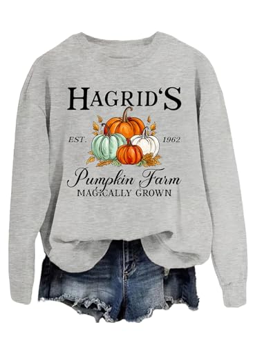 SAUIVD Herbst Kürbis-Farm-Sweatshirt für Damen, Kürbis-Patches, Hemd, Bauernhof, Geschenk, langärmelig, lässiger Pullover, GRAU, L von SAUIVD