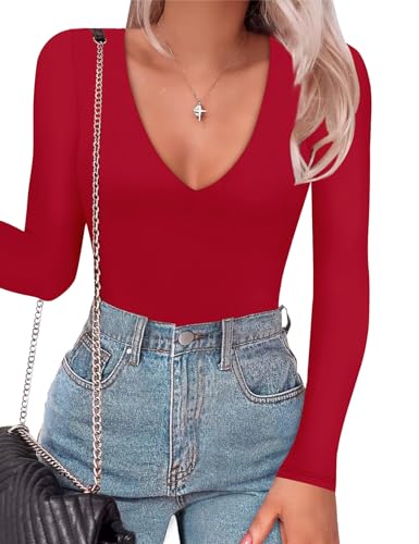 SAUNGKUAI Langärmeliger Damen-Bodysuit: sexy tiefer V-Ausschnitt, doppelt gefütterter Tanga-Body zum Ausgehen, Rot/Ausflug, einfarbig (Getaway Solids), M von SAUNGKUAI