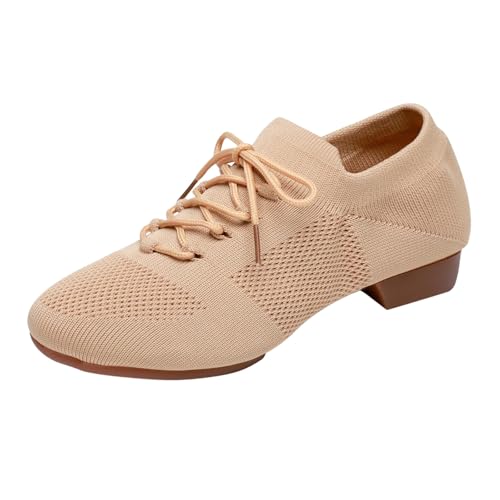 SAUTRV Damen Tanzschuhe Frühling Sommer und Herbst Blumen Cheerleading-Schuhe Erwachsene Weiche Unterseite Körper Trainingsschuhe Mesh Tanzschuhe Damen Leder Oxfords, khaki, 38.5 EU von SAUTRV