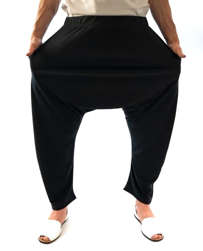 SAVARI | Elastische Haremshose | Thailändischer Stil | Hose mit Taschen und ohne Bündchen | elastischer Bund | recycelte Baumwolle | lang und bequem | Unisex | Schwarz und Weiß | Größen S bis L von SAVARI