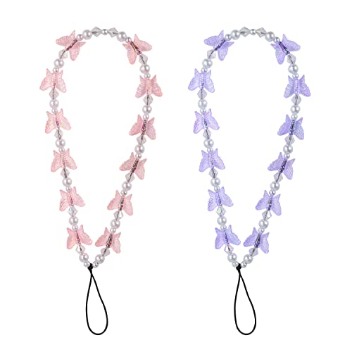 2St Perlen Bead Telefonkette, Kristallschmetterling Handykette Perlen Phone Charm Strap Perlenbesetztes Handykette Handy Straps für Telefon Schlüsselanhänger für Frauen Mädchen (Purpur, Rosa) von SAVITA