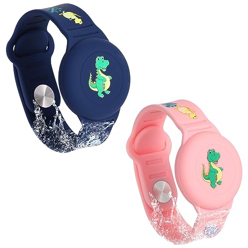 2st Armband für Airtag Kinder, Dinosaurier Cartoon Muster für Airtag Armband Silikon Kleinkinder Ältere Menschen für Airtag Hülle Kinder zum Verstecken des GPS Trackers (Mitternachtsblau, Rosa) von SAVITA