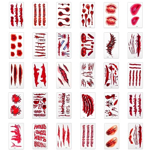 30 Blatt Halloween Temporäre Tattoos, mit Horror Fake Blut Narben Wunde Realistische Wasserdichte Halloween Tattoo Aufkleber für Halloween Party Cosplay von SAVITA