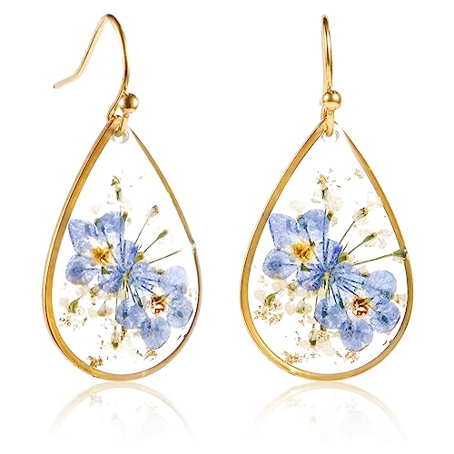 Ohrringe Vergissmeinnicht, Tropfen Ohrringe 14 Karat Vergoldet, Blumenohrringe Elegant süß gepresste Blumen-Ohrringe Tropfen-Ohrringe Schmuck für Frauen Mädchen von SAVITA