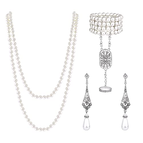 SAVITA 1920er Accessoires Set, 3 Stck. 20s Schmuck Jahre-Kunstperlen Halskette und Ohrringe Armband-Ring-Set 20er Jahre Flapper Accessoires Damen für Gatsby-Party Frauen und Mädchen von SAVITA