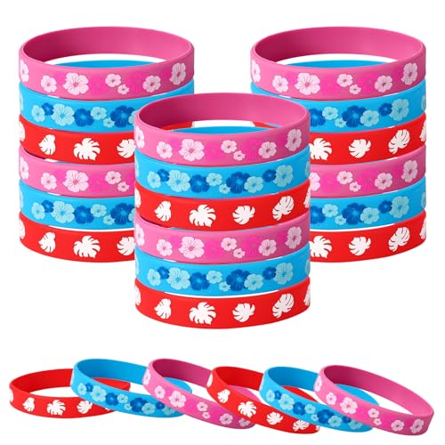 SAVITA 24stk Anime Silikon Armbänder, Armbänder mit Süßem Cartoon-Motiv Blumenmuster Partyzubehör zum Thema Hawaii Rot Blau und Pink für Geburtstagsparty Dekorationen und Event Gastgeschenke von SAVITA