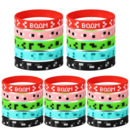 SAVITA 25stk Pixel Silikonarmbänder, 5 Stile Pixel Mottoparty Geschenke Spiel Motto Geburtstagsparty Zubehör Videospiel Armbänder für Kinder Teenager und Erwachsene von SAVITA