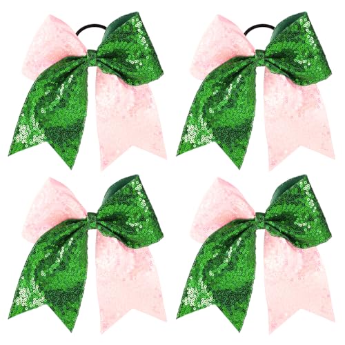 SAVITA 4stk Rosa und Grüne Haaraccessoires, Inklusive 2stk Haarspange Pailletten Schleife und 2stk Haargummis mit Pailletten Schleife Fans Geschenke Halloween Accessoires für Damen von SAVITA