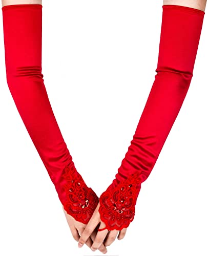 SAVITA Abendhandschuhe Satin Handschuhe Lang Opernhandschuhe Tanzhandschuhe 1920 Handschuhe für Frauen Mädchen (Fingerlose Rot) von SAVITA