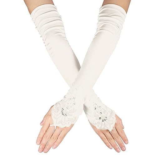 SAVITA Lange Spitzenhandschuhe, Weiche Fingerlose Spitzenhandschuhe, Opernhandschuhe, Ellenbogenlange Handschuhe, Lange Satinhandschuhe Brauthandschuhe für Hochzeit, Teeparty, Maskerade(Cremeweiß) von SAVITA