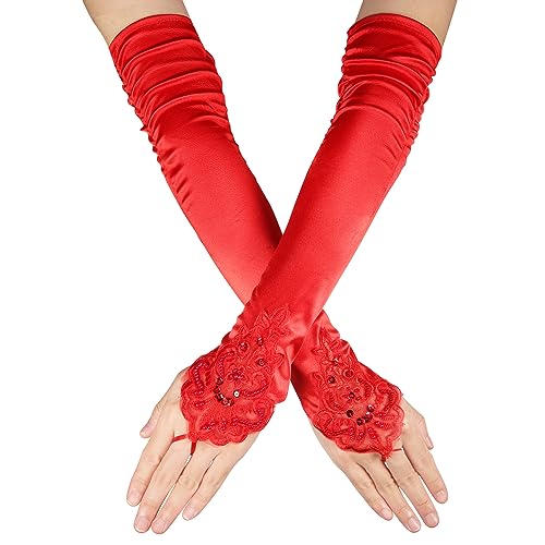 Lange Spitzenhandschuhe, Weiche Fingerlose Spitzenhandschuhe, Opernhandschuhe, Ellenbogenlange Handschuhe, Lange Satinhandschuhe Brauthandschuhe für Hochzeit, Teeparty, Maskerade(Rot) von SAVITA