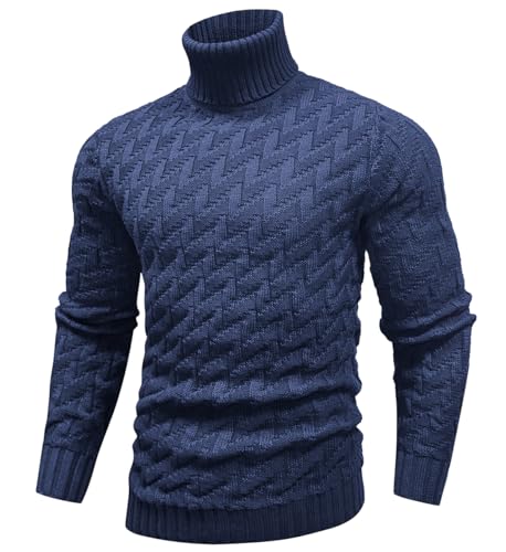 SAVKOOV Herren Slim Fit Rollkragenpullover Zopfstrickpullover Pullover Pullover, Blau, Mittel von SAVKOOV