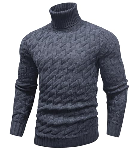 SAVKOOV Herren Slim Fit Rollkragenpullover Zopfstrickpullover Pullover Pullover, Grau dunkel, Groß von SAVKOOV