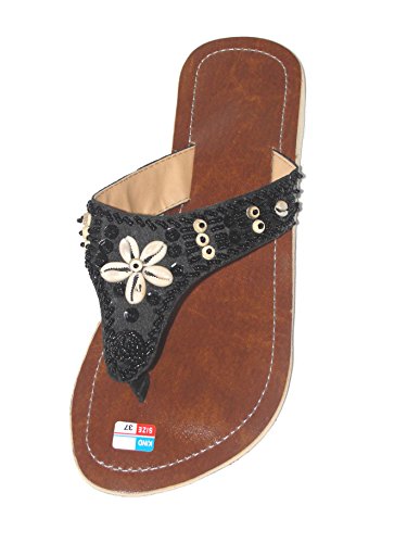 Damen Flip Sandale Fairy Shell Zehentrenner Zehenpantolette Sommersandale Zehenstegsandale mit Perlen Muscheln und Pailletten in Creme-weiß und schwarz von SAWA