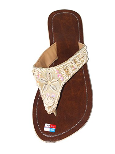 Damen Flip Sandale Fairy Shell Zehentrenner Zehenpantolette Sommersandale Zehenstegsandale mit Perlen Muscheln und Pailletten in creme-weiß und schwarz von SAWA