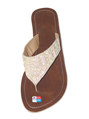 Damen Flip Sandale Fairy Star Zehenpantolette Sommersandale Zehenstegsandale mit Pailletten und Perlen in Creme-Weiss und schwarz von SAWA