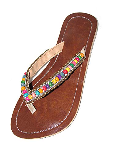 Damen Flip Sandale Salsa Zehenpantolette Sommersandale Zehenstegsandale mit bunten Holz-Perlen, sowie Perlen in silber und gold von SAWA