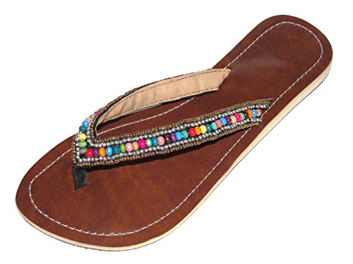 Damen Flip Sandale Salsa Zehenpantolette Sommersandale Zehenstegsandale mit bunten Holz-Perlen, sowie Perlen in Silber und Gold von SAWA