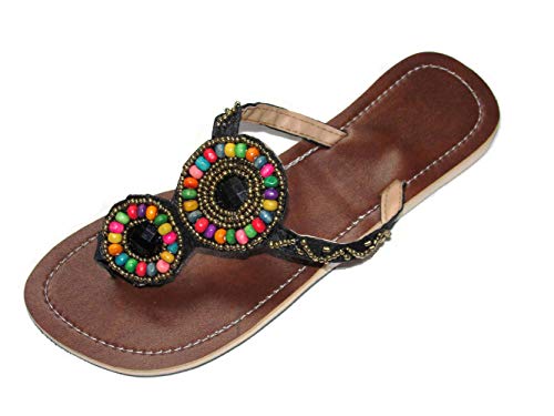 Damen Flip Sandale Samba Zehenpantolette Sommersandale Zehenstegsandale mit bunten Holz-Perlen, sowie Perlen in Gold von SAWA