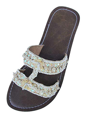 Damensandale La Paz Flip Pantolette Sommer-Sandale, Schuh Slipper mit Pailetten und Perlen, in creme 41 von SAWA