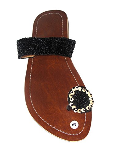 SAWA Damen Flip Sandale Knopf Schwarz Zehentrenner Zehenpantolette Sommersandale Zehenstegsandale mit Perlen und Pailletten von SAWA