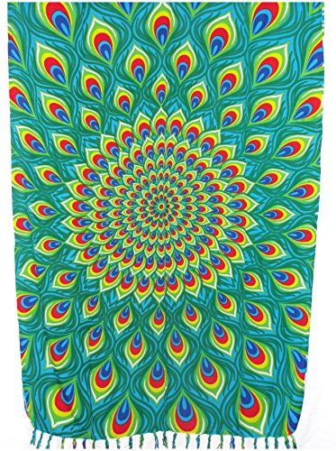 Sarong Pareo Pfauenfeder Grün Retro-Look Wickeltuch Schal Halstuch Vintage-Style Dekostoff Saunatuch von SAWA