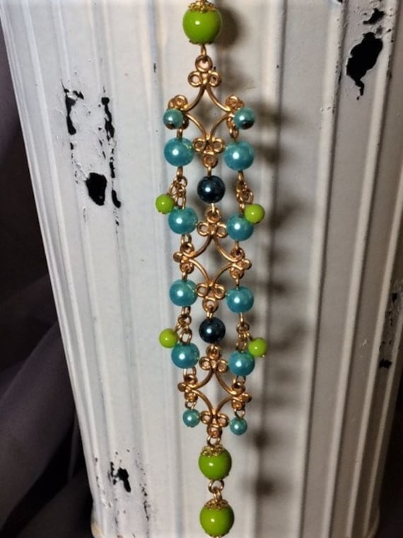 Blaue Und Grüne Perlen Gold Filigrane 3-strang-Armband; Perlenarmband; Armband; Perle Multi-strang-Armband von SAWDesignsByStacie