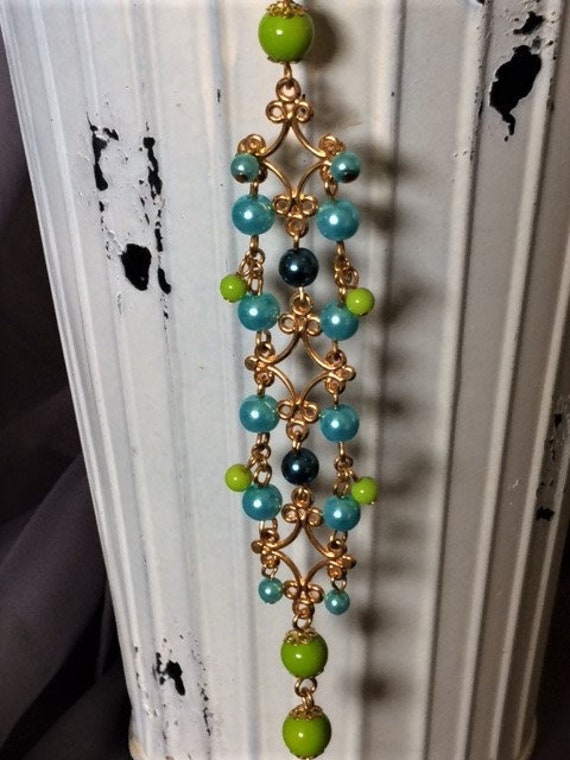 Blaue Und Grüne Perlen Gold Filigrane 3-strang-Armband; Perlenarmband; Armband; Perle Multi-strang-Armband von SAWDesignsByStacie