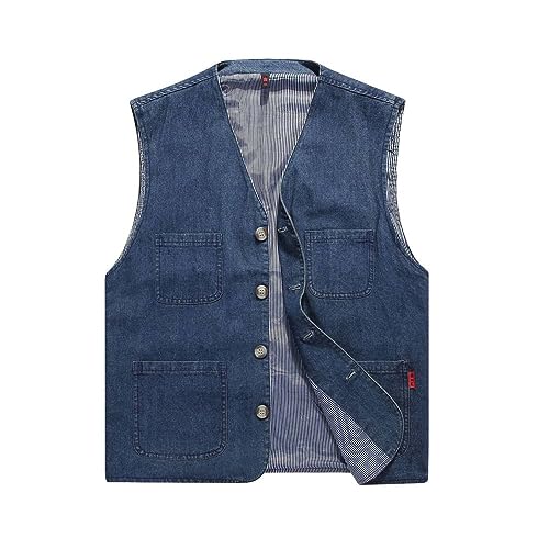 Denim Vest Jeansweste, Ärmellose Jeansweste Für Herren, Klassische Verwaschene Jeansweste, Lässige Cargo-Cowboy-Weste, Übergangsjacke, Weste, Geschenk Für Damen Und Herren, Blau, 3Xl von SAWEEZ