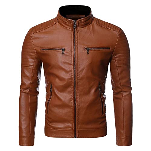 Herren Lederjacke, Herren Pu Lederjacken, Schlichte Bomberjacke Aus Kunstleder, Vintage Reißverschluss, Motorradjacke, Schmale Passform, Punk Windjacke, Übergangsjacke Für Herbst Und Winter, Brau von SAWEEZ