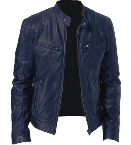 Herren Lederjacke, Herren Pu Lederjacken, Schlichte Kunstleder Motorradjacke, Vintage Bomberjacke Mit Reißverschluss, Schmale Passform, Punk Windjacke Für Herbst Und Winter, Blau, L von SAWEEZ