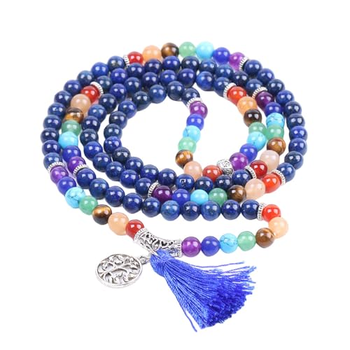 SAWEEZ Chakra Anhänger Halskette Für Frauen, 6 Mm Lapislazuli Stein Halskette, Baum Des Lebens, Quasten Anhänger, Halskette, Edelstein Halskette, Glücksschmuck, Geschenk Für Frauen Und Männer von SAWEEZ