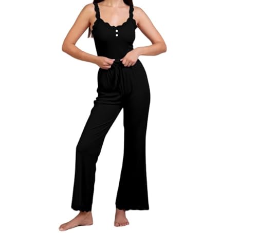 SAWEEZ Damen Pyjama Set, Sexy Spitzen Pj Set Für Damen, U Ausschnitt, Cami Tops Und Pyjama Hose, Lang, Mit Rüschen, Pyjama Sets, Loungewear, Nachtwäsche, S XL, Schwarz, M von SAWEEZ